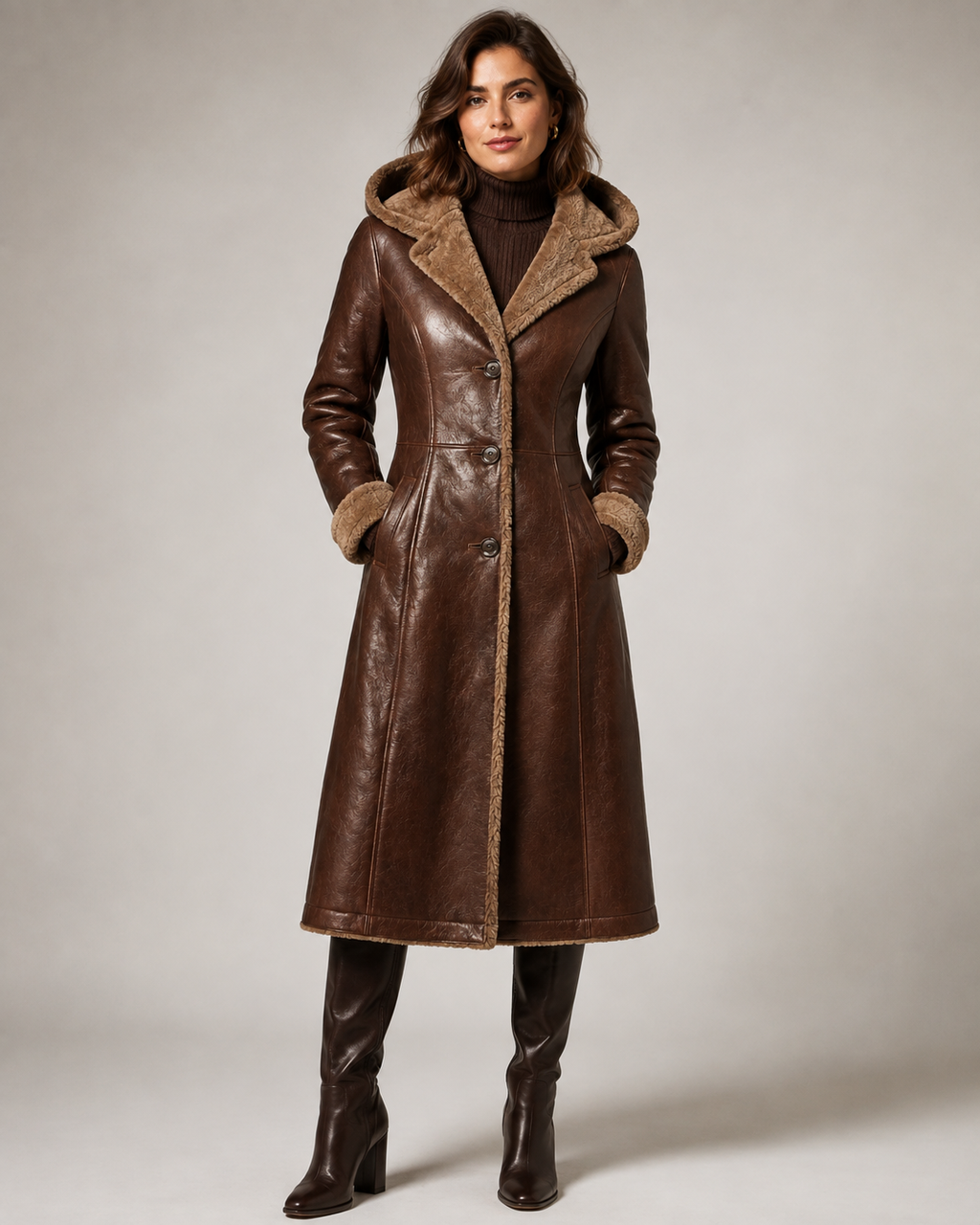 Women’s Shearling Hooded Brown Leather Coat