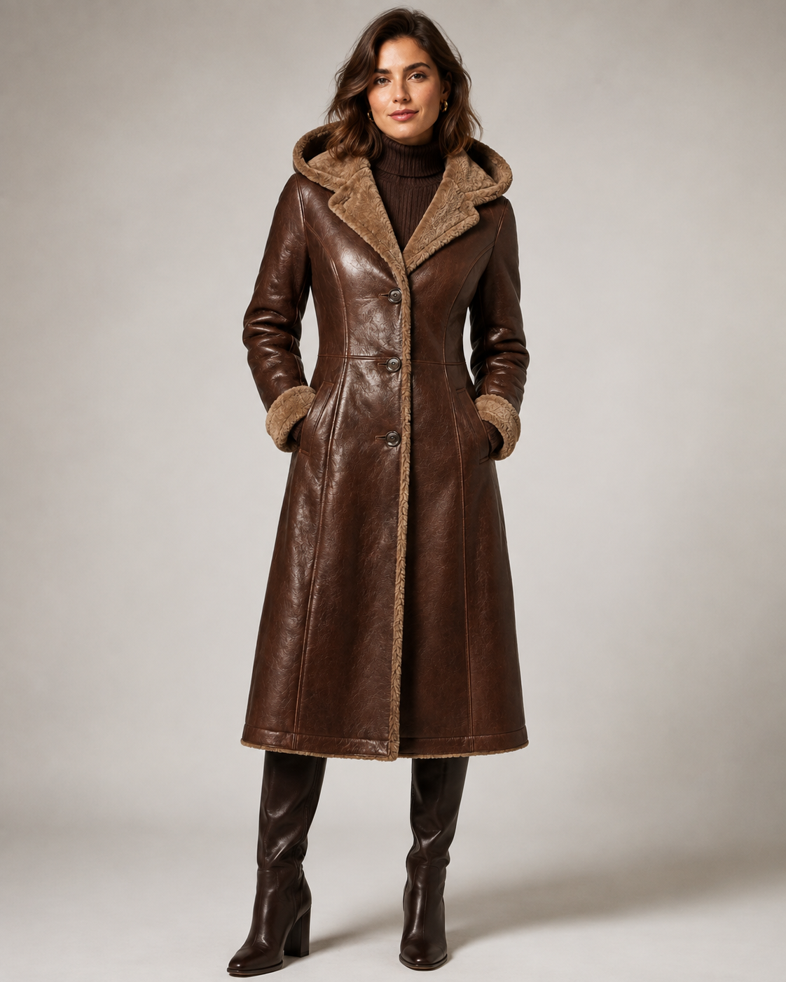 Women’s Shearling Hooded Brown Leather Coat