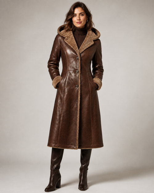 Women’s Shearling Hooded Brown Leather Coat