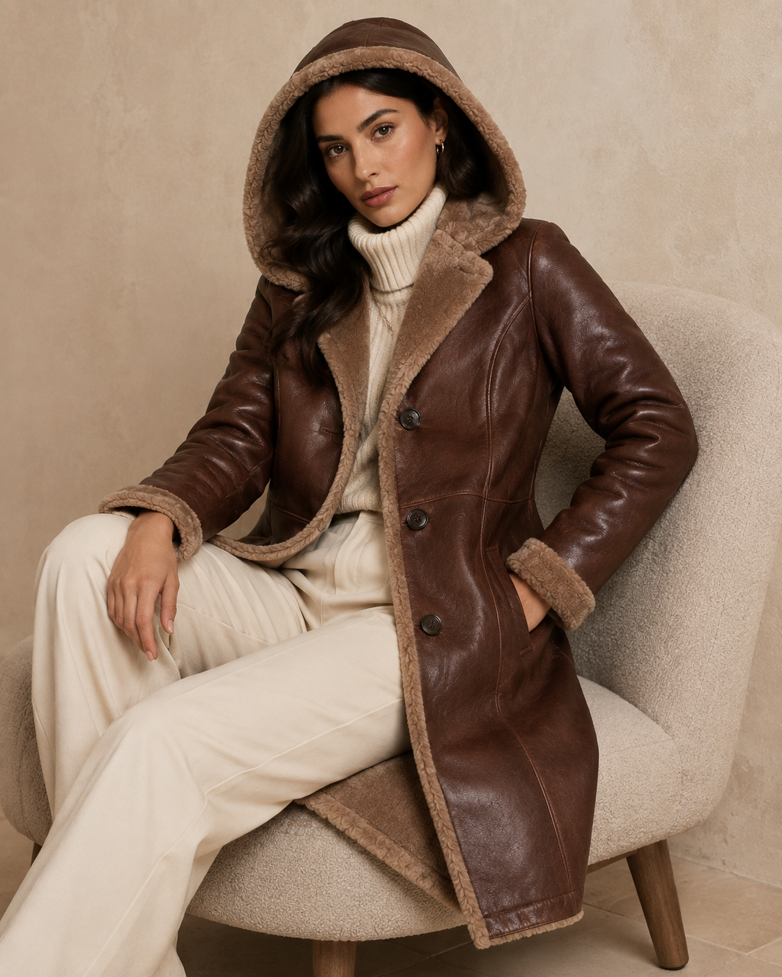 Women’s Shearling Hooded Brown Leather Coat