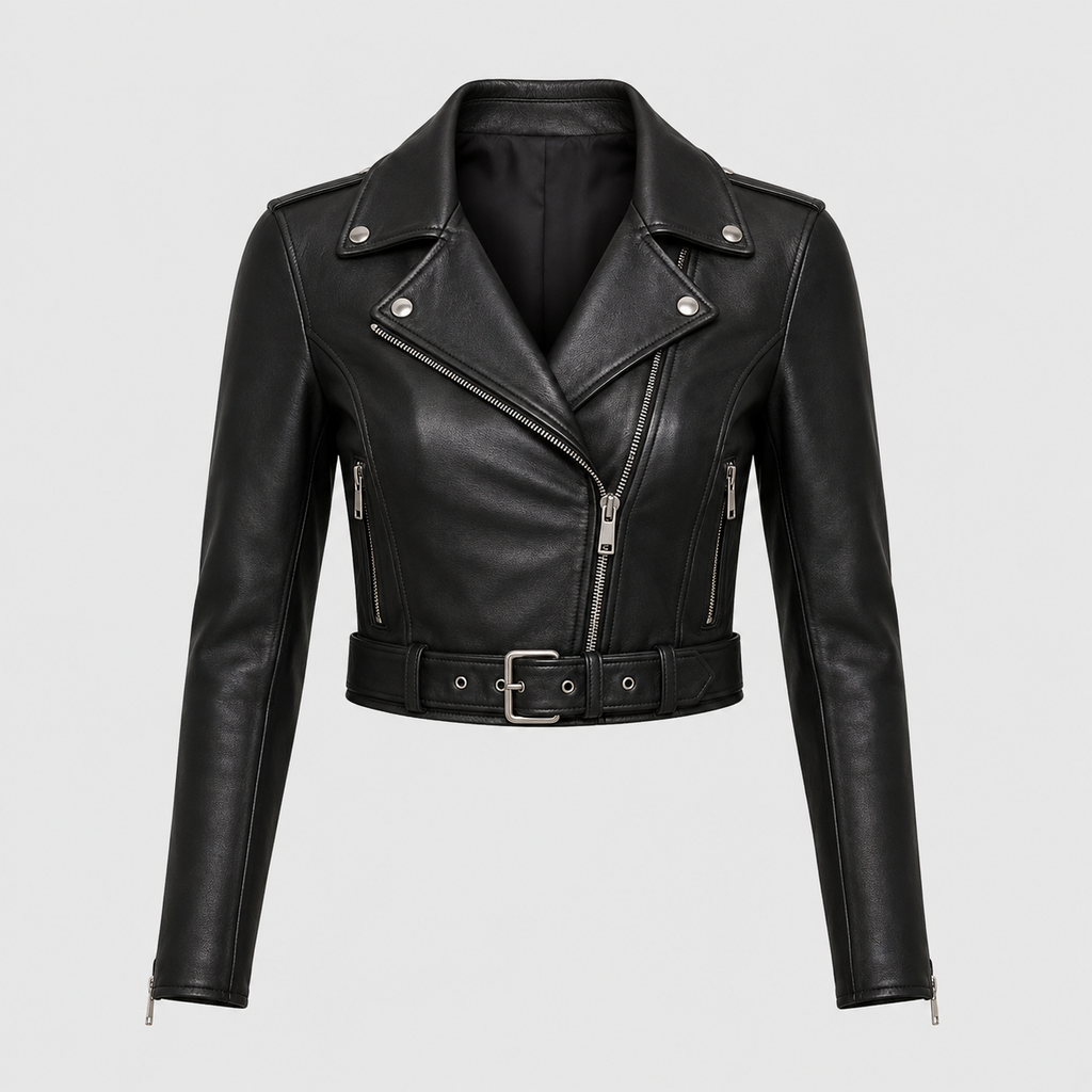 Women’s Black Cropped Leather Biker Jacket