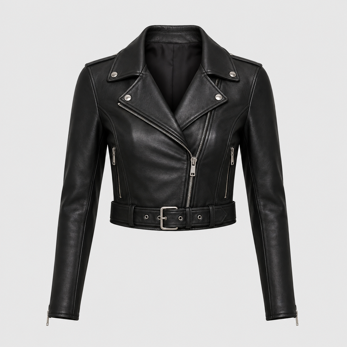 Women’s Black Cropped Leather Biker Jacket