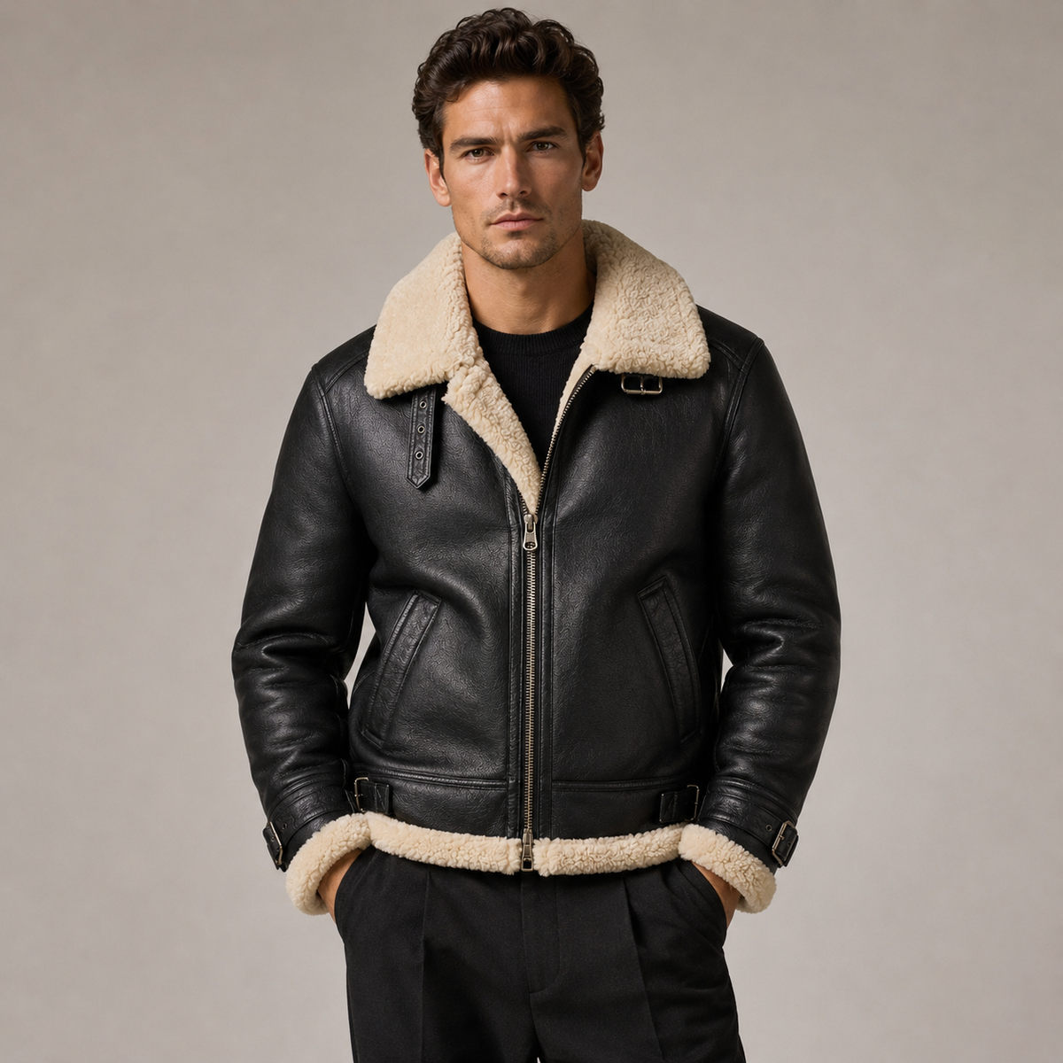Men’s Black Shearling Aviator Leather Jacket