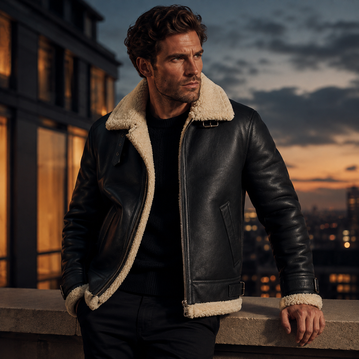 Men’s Black Shearling Aviator Leather Jacket