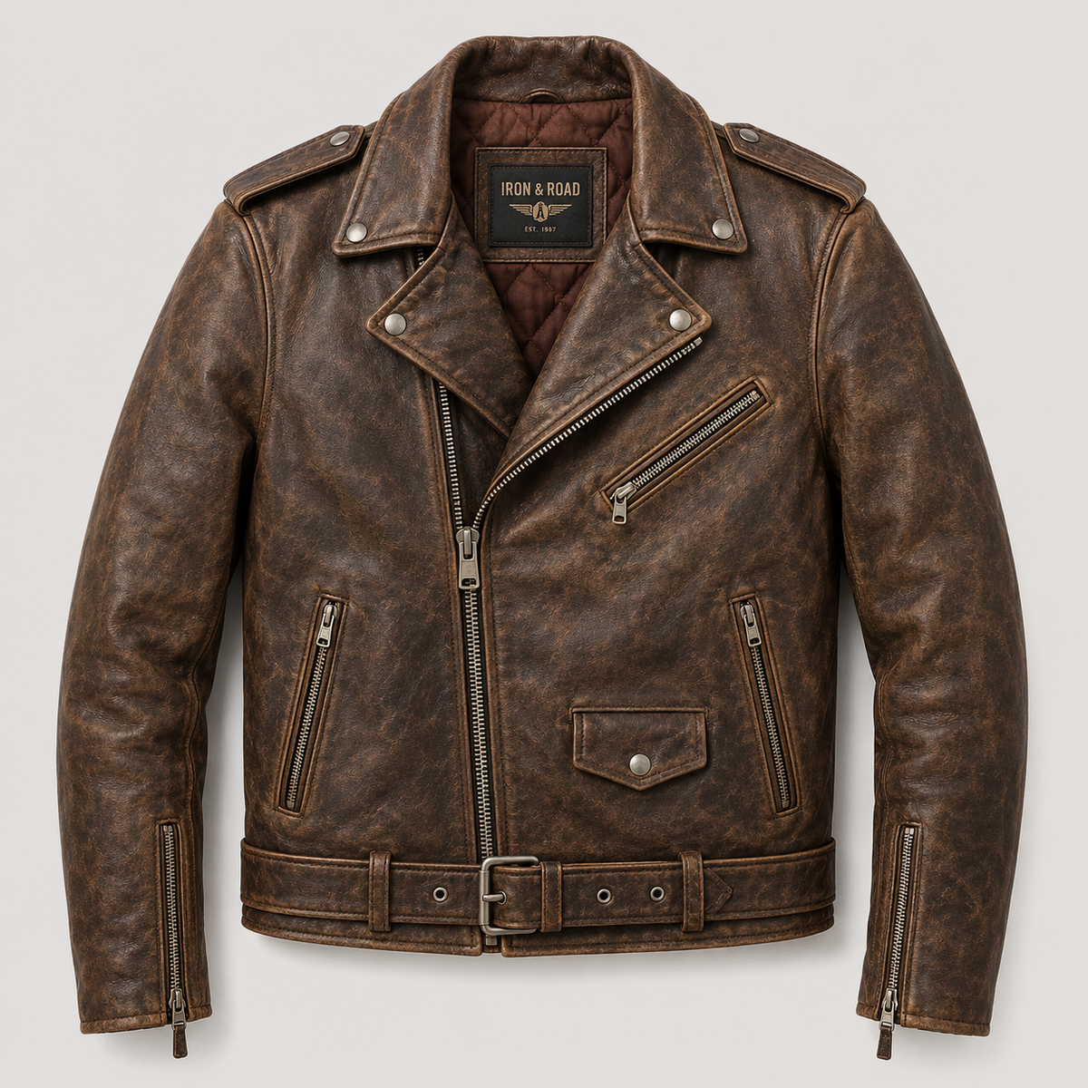 Men’s Vintage Distressed Brown Leather Biker Jacket