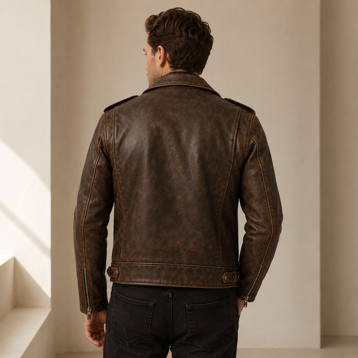 Men’s Vintage Distressed Brown Leather Biker Jacket