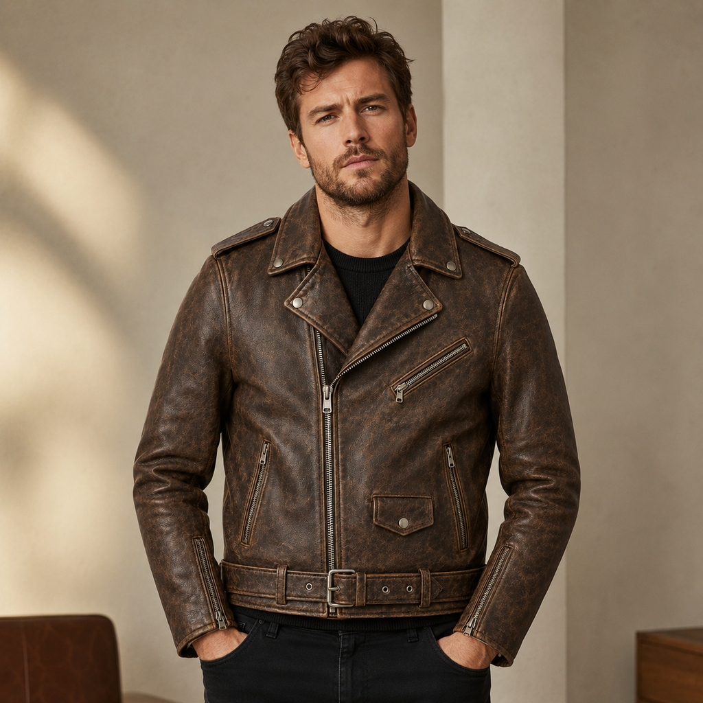 Men’s Vintage Distressed Brown Leather Biker Jacket