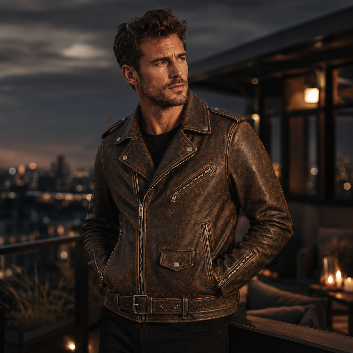 Men’s Vintage Distressed Brown Leather Biker Jacket