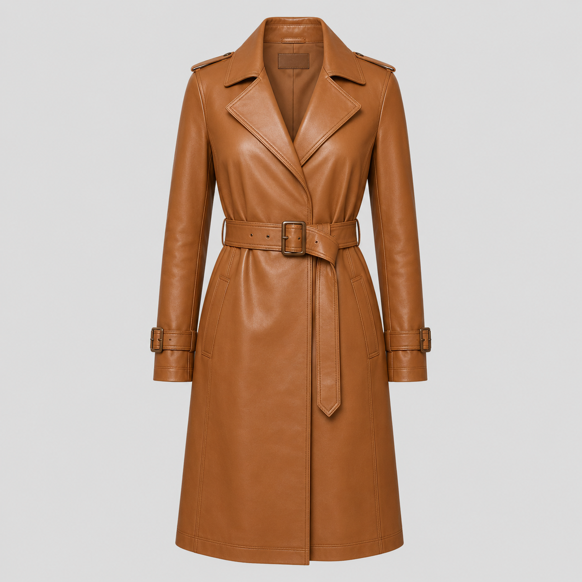 Women’s Tan Brown Belted Leather Trench Coat