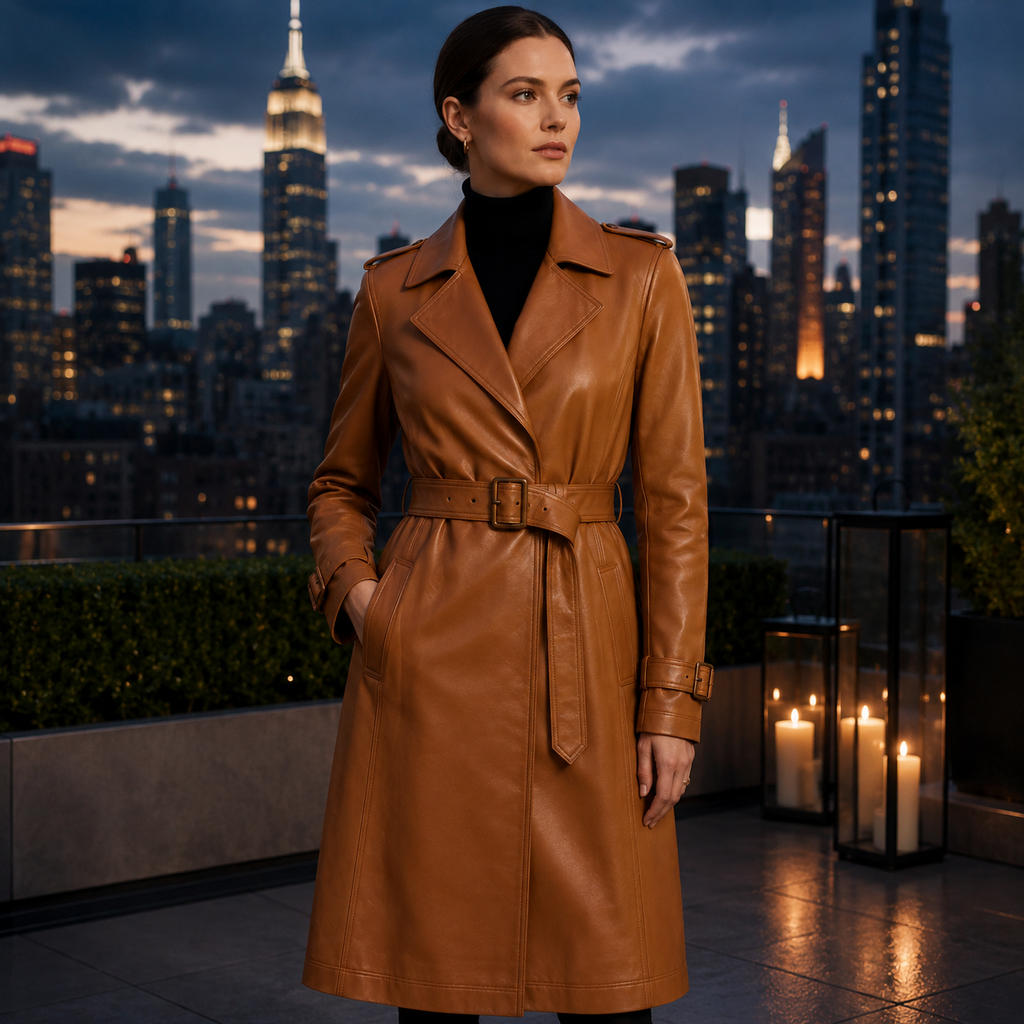 Women’s Tan Brown Belted Leather Trench Coat