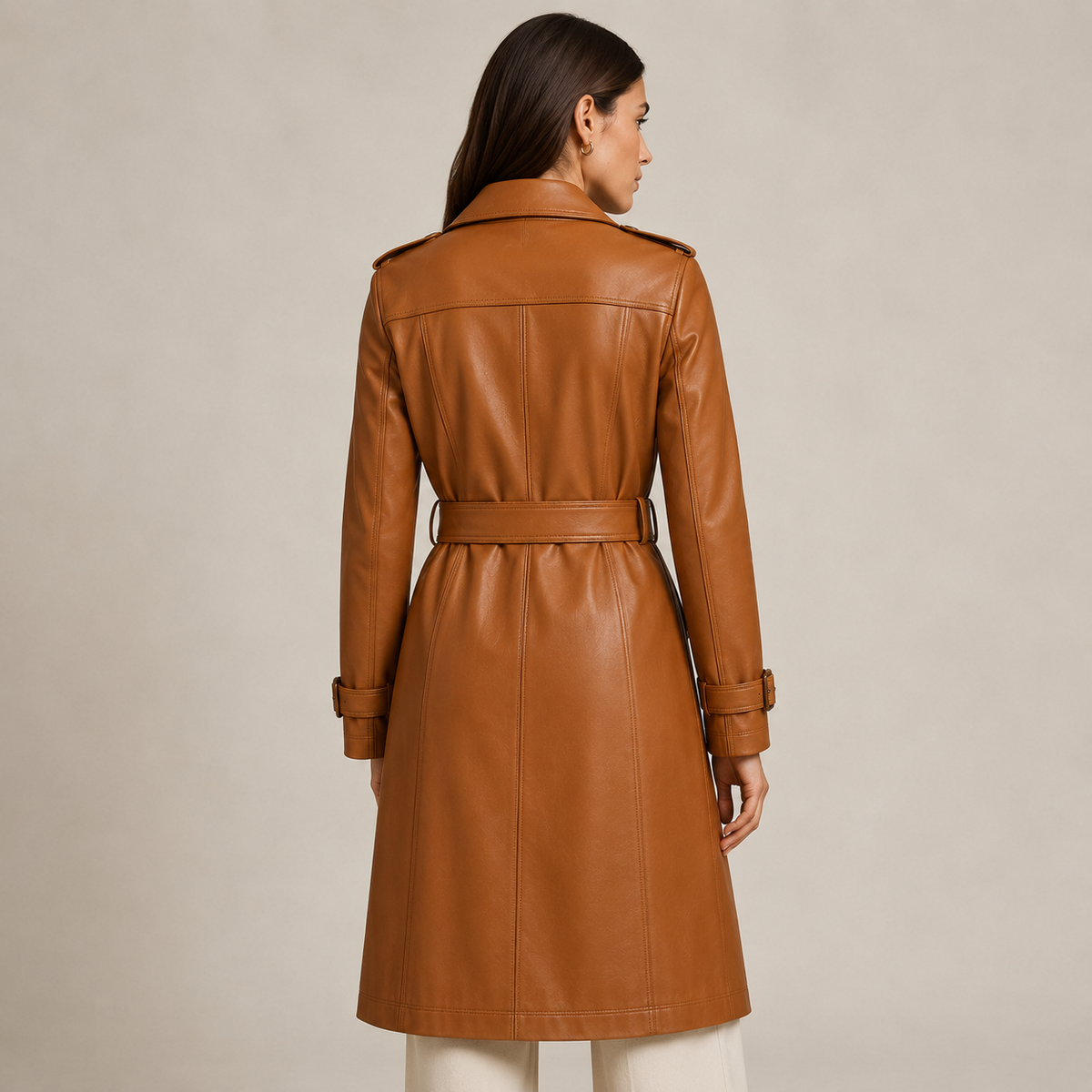 Women’s Tan Brown Belted Leather Trench Coat