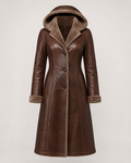 Women’s Shearling Hooded Brown Leather Coat