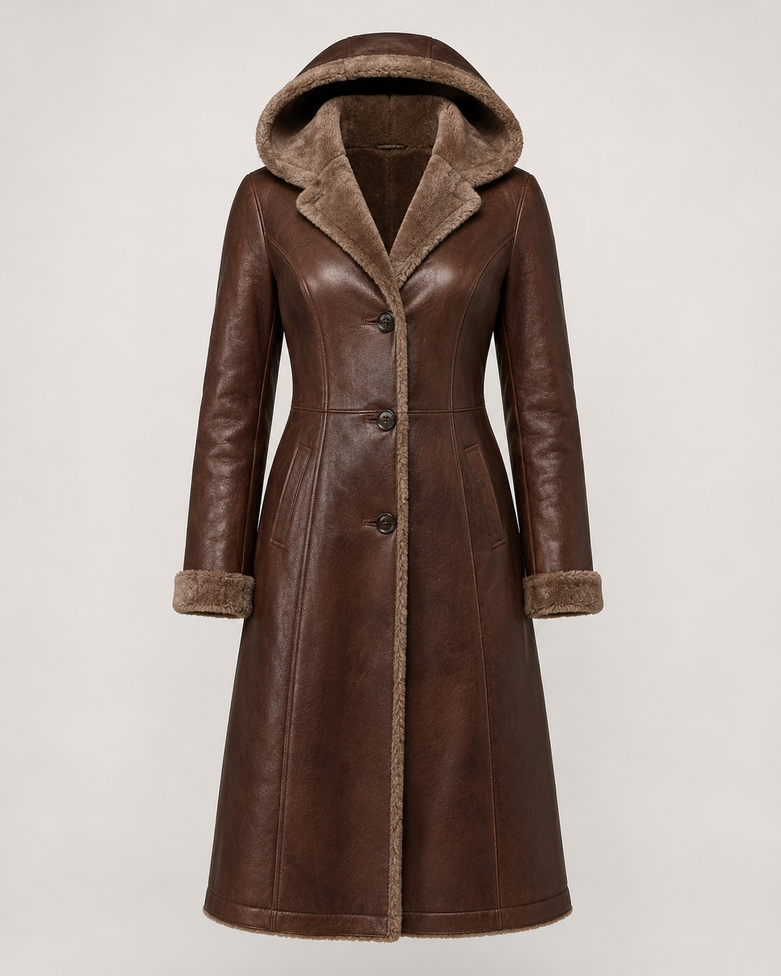 Women’s Shearling Hooded Brown Leather Coat