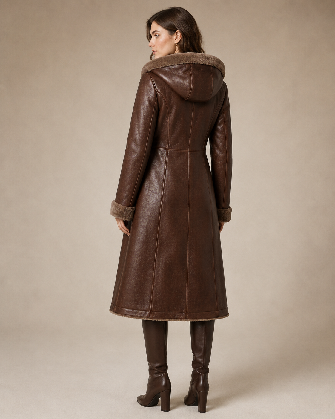 Women’s Shearling Hooded Brown Leather Coat