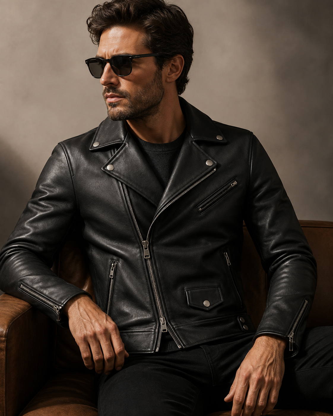 Men’s Classic Black Leather Biker Jacket