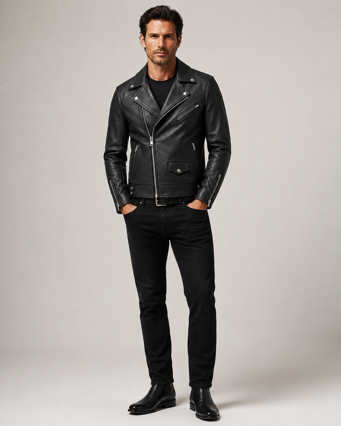 Men’s Classic Black Leather Biker Jacket